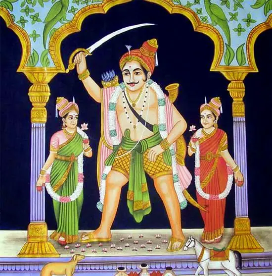 In Tamil Nadu people worship warrior Madurai Veeran. He is a folklore legend who was turned into deity. His good looks and skill in various arts were acknowledged during the rule of Pandyan king in the